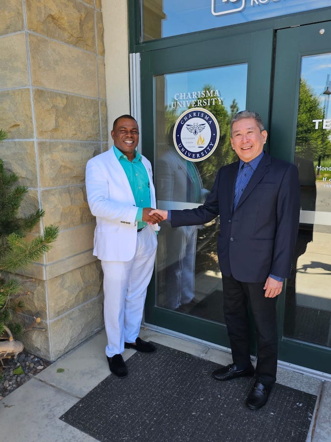 With Prof. Dr. PeterChris Okpala. Founder, Chancellor, Charisma University, Billings, Montana, USA